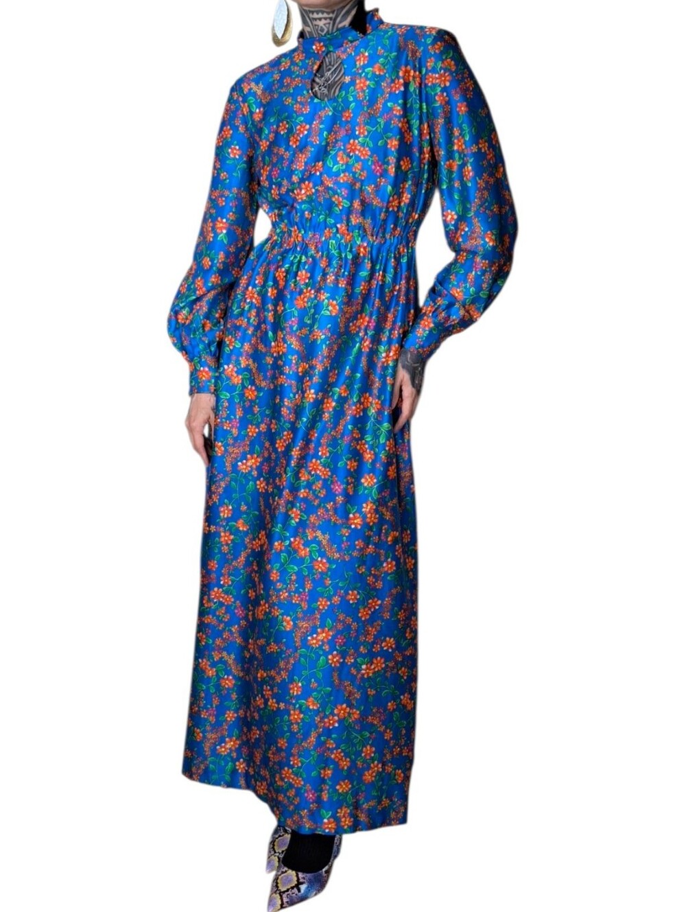 Vintage 70s Floral Maxi Dress XS Mock Neck Keyhole Long Sleeve Hippie Mod Boho